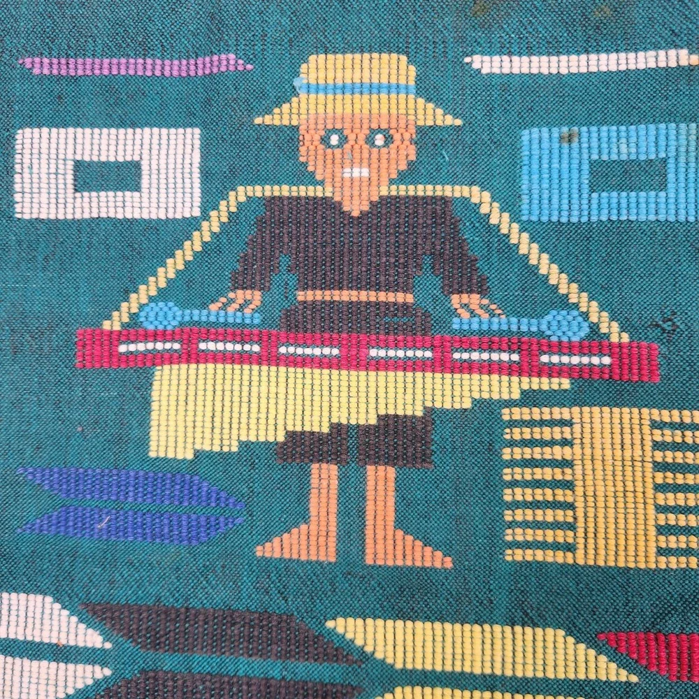 Vintage Handwoven Guatemalan Tapestry Teal Mayan Folk Art Bird Textile 60x30